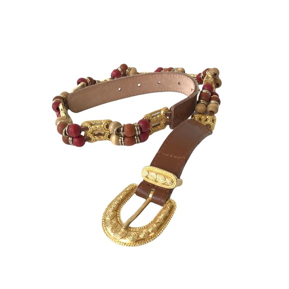 Express Women Brown Belt Size M Wood Beads Buckle Genuine Leather Boho bohemian - Picture 1 of 8